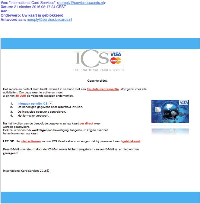 Blokkering ICS-card is phishing