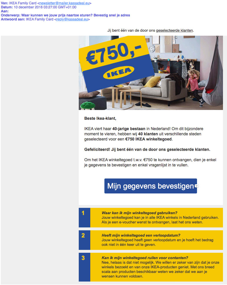 Misleidende e-mail over IKEA winkeltegoed