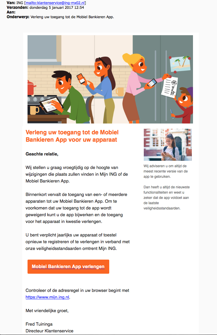 Valse e-mails 'ING' over Mobiel Bankieren App in omloop