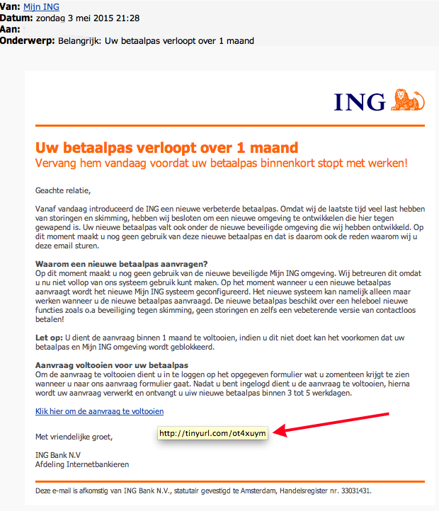 Valse mail ING: 'betaalpas verloopt over 1 maand'