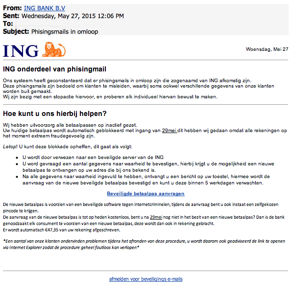 Mail ING over 'phising' is phishing!