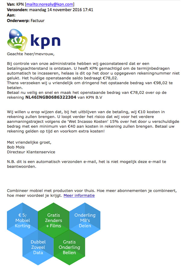Mail over factuur KPN bevat malware