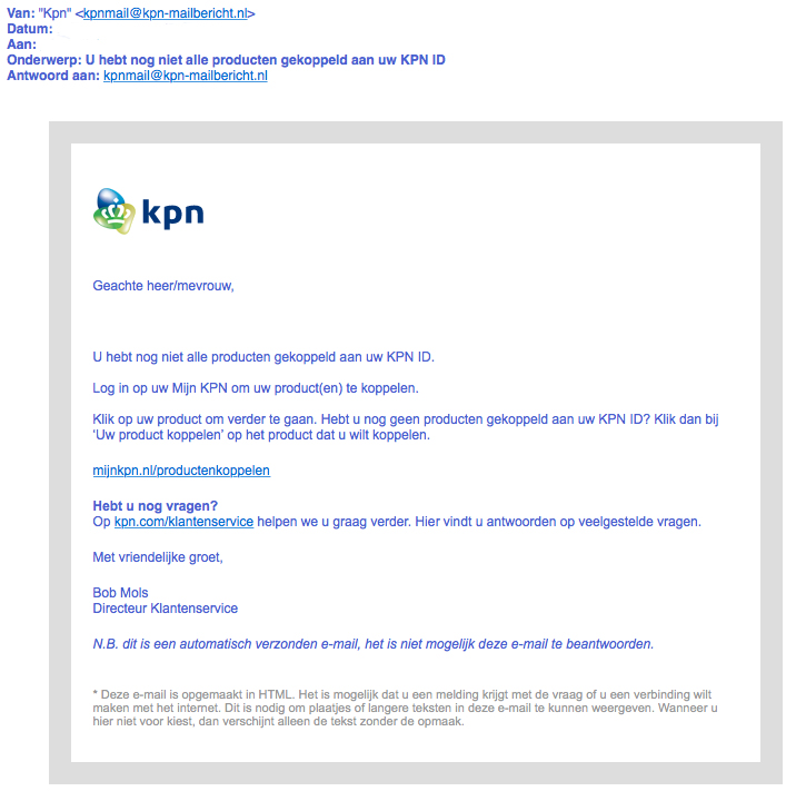 Valse e-mail 'KPN' over producten koppelen
