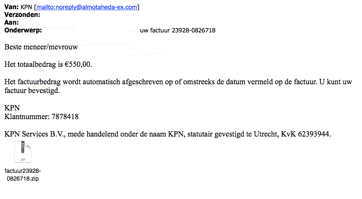 E-mail 'KPN' over factuur van 550 euro bevat malware