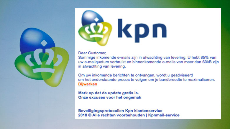 Bericht 'KPN' over e-mailquotum blijkt phishing