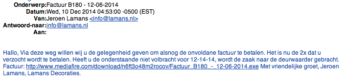 E-mail 'Lamans Decoraties' bevat malware!