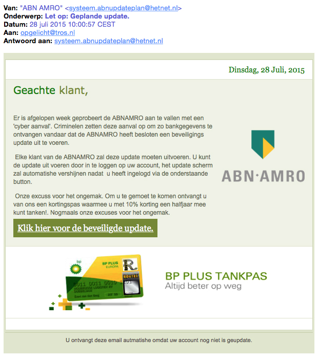 Valse mail ABN AMRO: 'Geplande update'