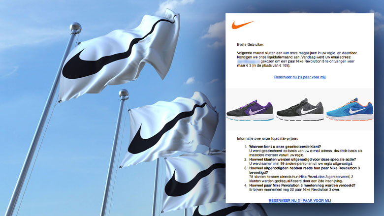 E-mail 'Nike Revolution voor €3,-' leidt naar misleidende website