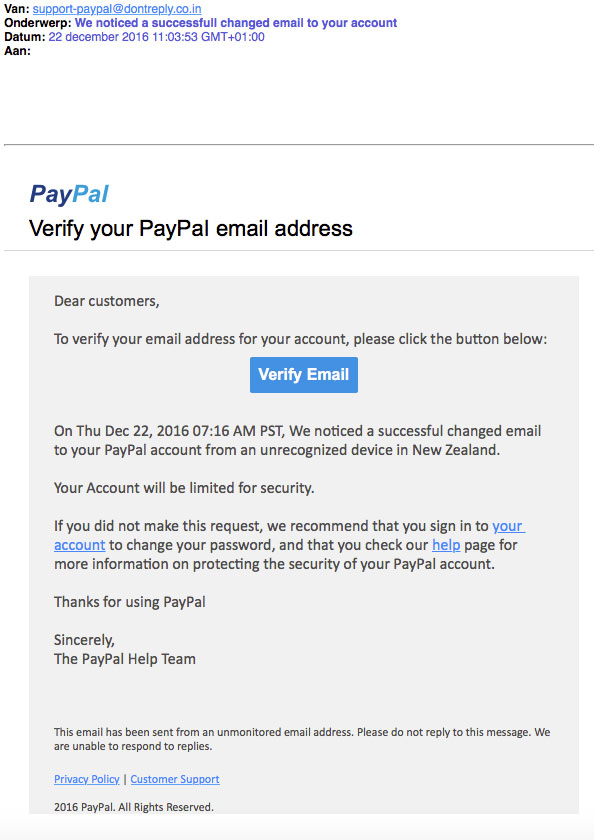 Criminelen sturen phishingmail 'PayPal'