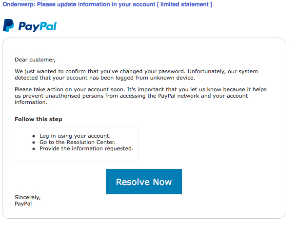 Oplichters sturen phishingmail uit naam van PayPal over 'veranderd' wachtwoord