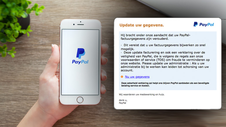 Bericht 'PayPal' over updaten gegevens is phishingmail