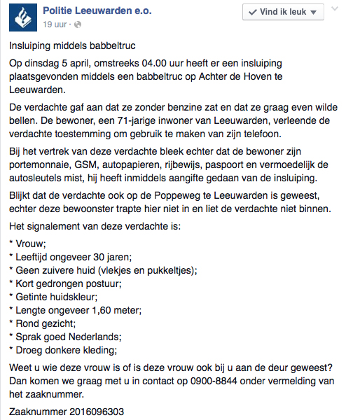 Politie Leeuwarden waarschuwt voor babbeltruc
