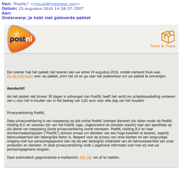 Alweer valse e-mail 'PostNL' in omloop