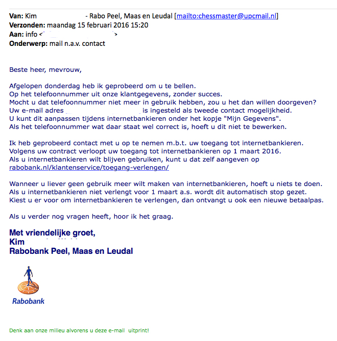 Phishingmail Rabobank: 'mail n.a.v. contact'