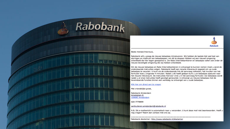 Afzender phishingmail 'Rabobank' uit op je pinpas