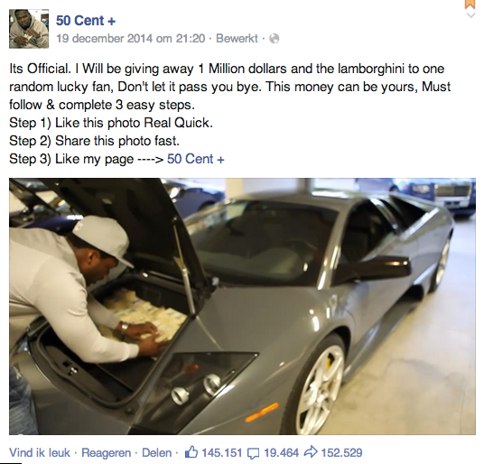 Nep-Facebookpagina rapper 50 Cent belooft miljoen dollar