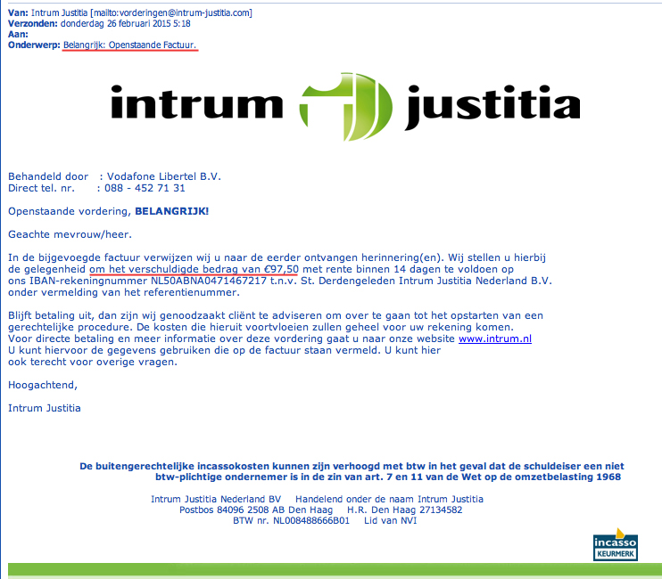 'Factuur Intrum Justitia' bevat malware!