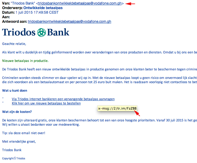 Valse mail 'Triodos Bank' in omloop!