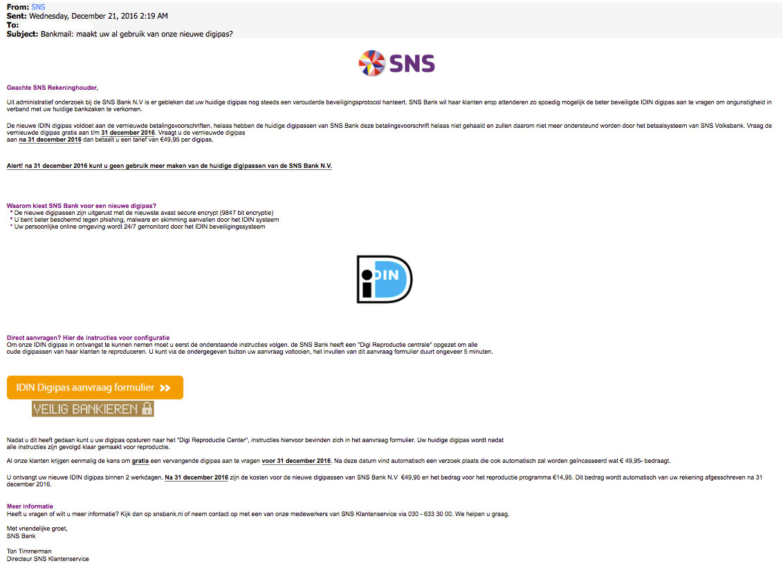 Phishingmail 'SNS Bank' over nieuwe digipas - Opgelicht ...