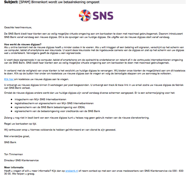 Phishing e-mail 'SNS Bank' over nieuwe betaalpas