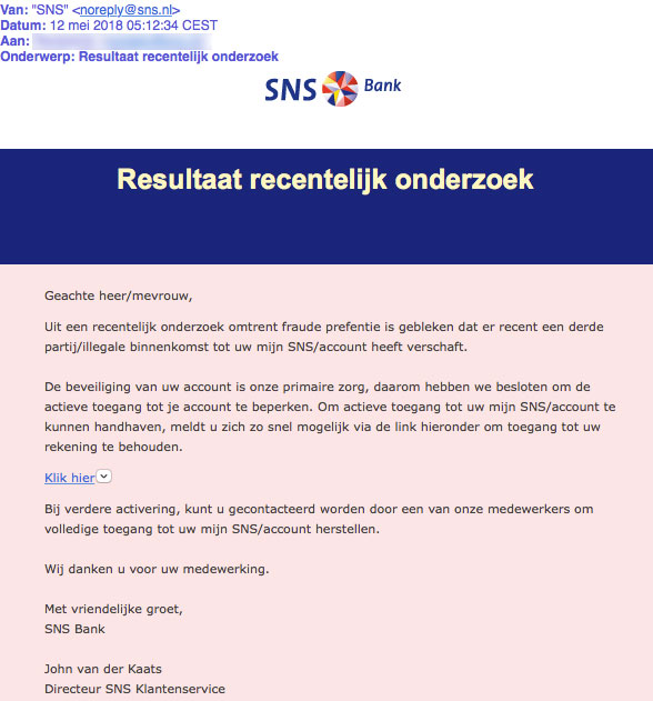 E-mail uit naam van SNS is phishing