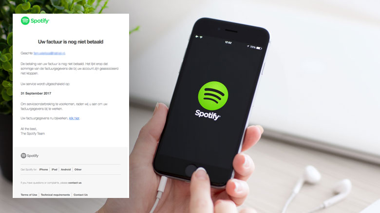 Valse e-mail Spotify: 'Uw factuur is nog niet betaald' 