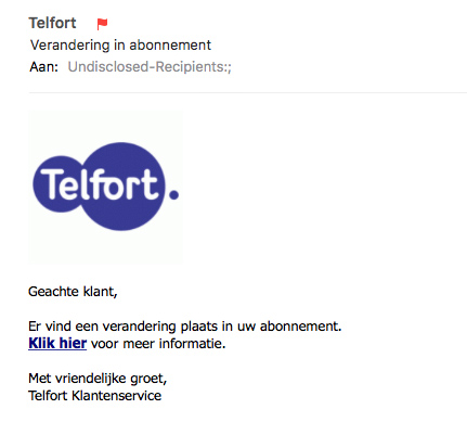 Valse e-mail Telfort: 'verandering in abonnement'