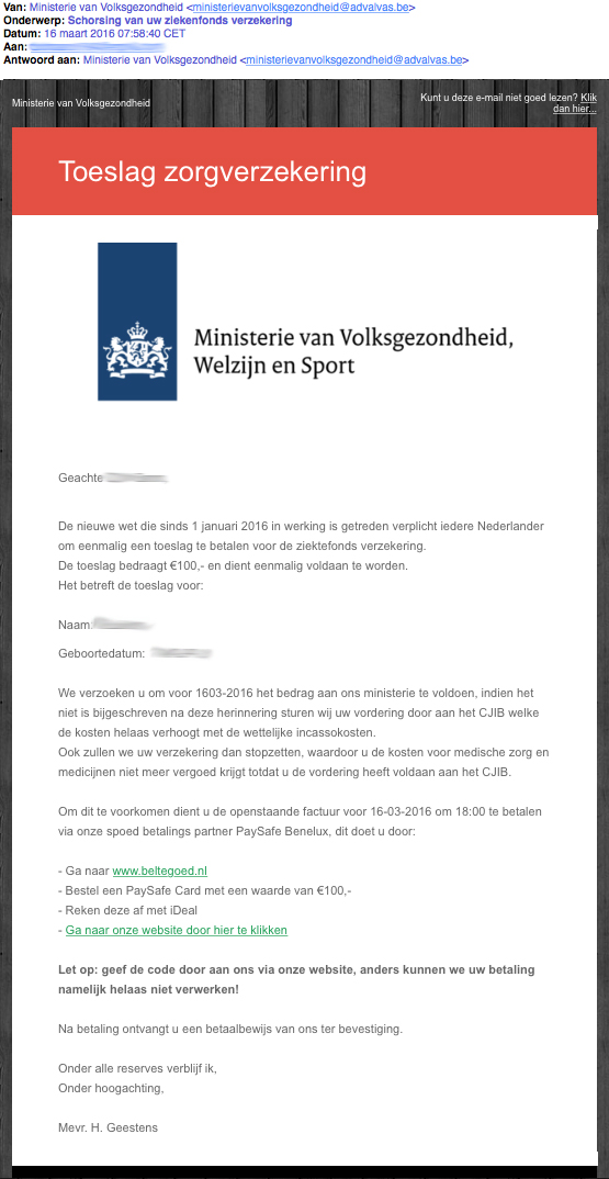Valse e-mail 'Ministerie van Volksgezondheid' in omloop