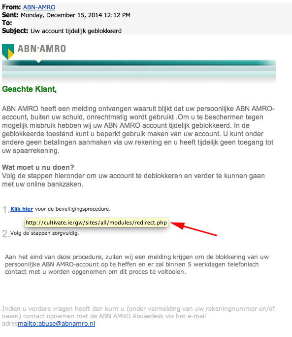 Valse e-mail ABN AMRO: 'account geblokkeerd'