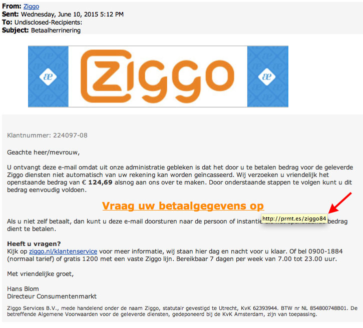 Valse mail Ziggo: 'betaalherinnering'