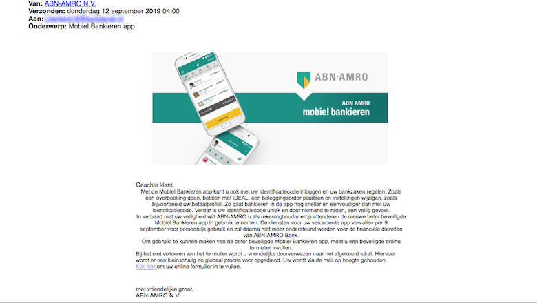 Verwijder mail van 'ABN AMRO' over vernieuwde app