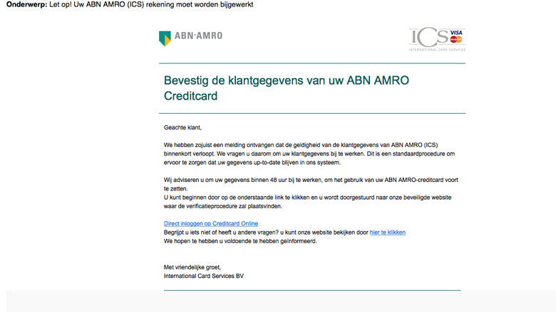 Let op! Valse mail van ICS over ABN AMRO creditcard in omloop