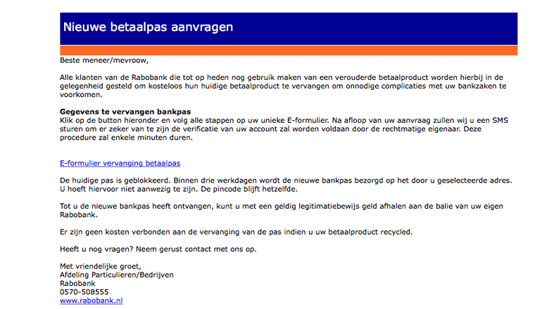 Bericht van 'Rabobank' over vervangen pas is vals