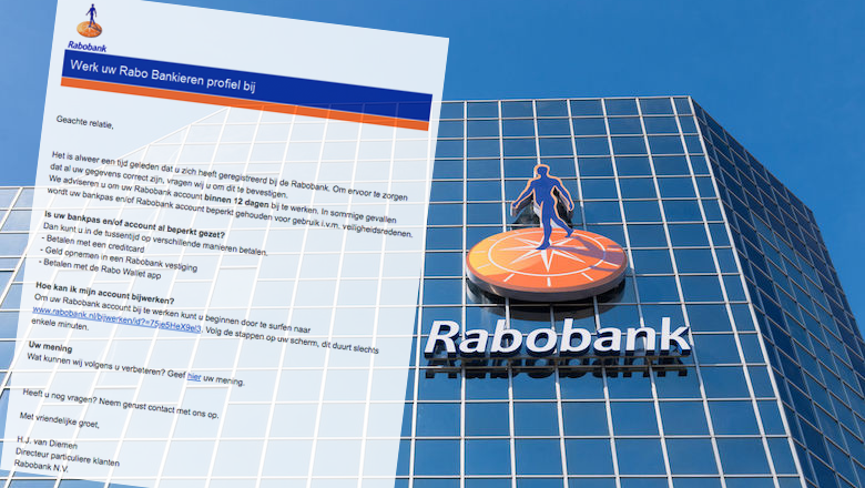 Mail van 'Rabobank' met de koptekst 'Werk uw Rabo Bankieren profiel bij' is vals