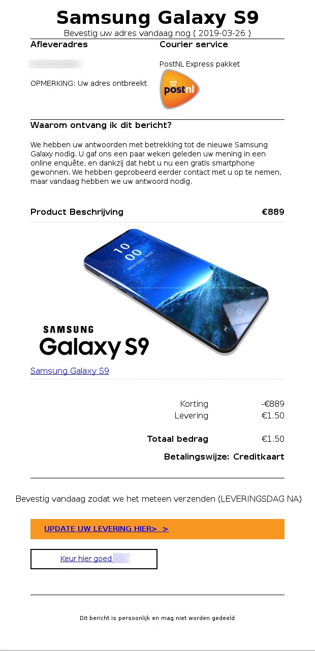 Trap niet in mail over gewonnen Samsung smartphone en ontbrekend adres