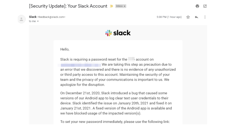 E-mail van Slack over de bug in de Android-app