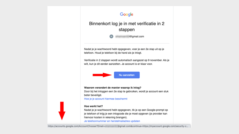 Verwijst de link in de mail van Google écht naar een Google-domein?