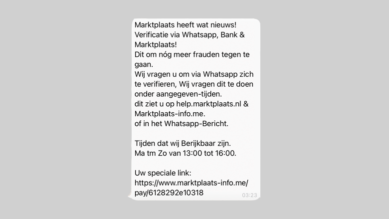 WhatsApp-bericht vol spelfouten van de 'Marktplaats-klantenservice'