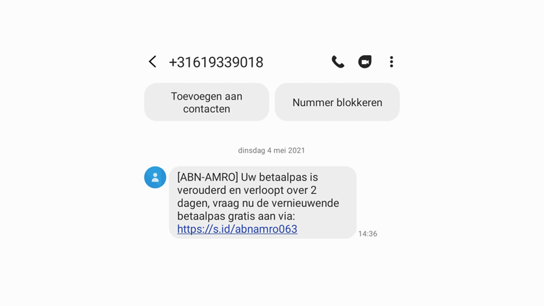 Valse sms van 'ABN AMRO' over een nieuwe betaalpas Valse sms van 'ABN AMRO' over een nieuwe betaalpas