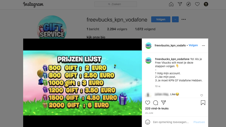 Voorwaarden van het Instagram-account freevbucks_kpn_vodafone
