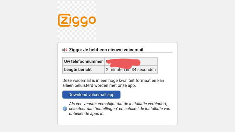 FluBot-malware in een valse voicemail-app van 'Ziggo'