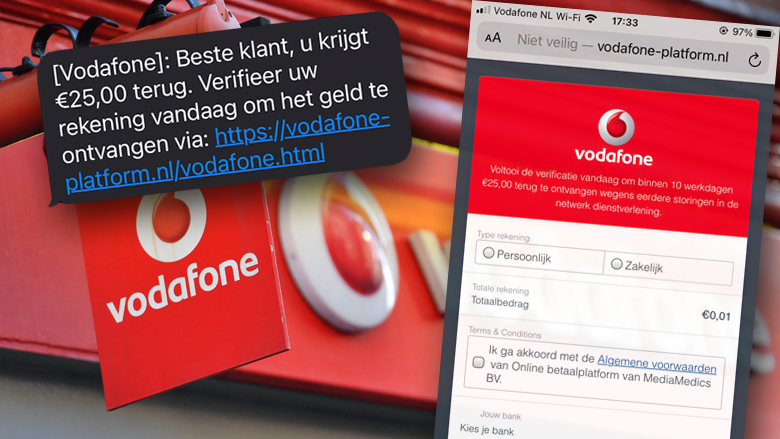 Phishing via sms'jes namens Vodafone: 'U krijgt € 25,00 terug, verifieer uw rekening om het geld te ontvangen'