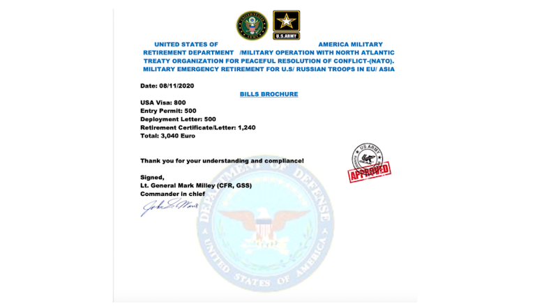 Nepcertificaat van de niet-bestaande 'Amerikaanse militair' Nepcertificaat van de niet-bestaande 'Amerikaanse militair'