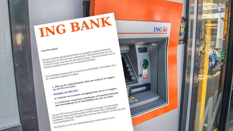 Gevaarlijke link in frauduleuze mail namens ING over accounttoegang herstellen