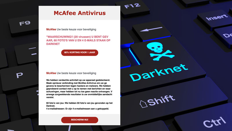 Dreigende phishingmail namens McAfee over foto’s en e-mailadressen op het darknet