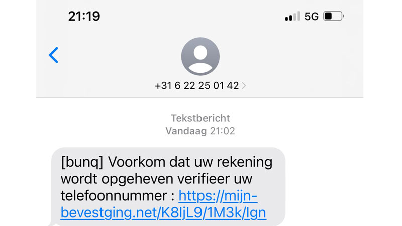 Valse sms bunq | Bron: Fraudehelpdesk