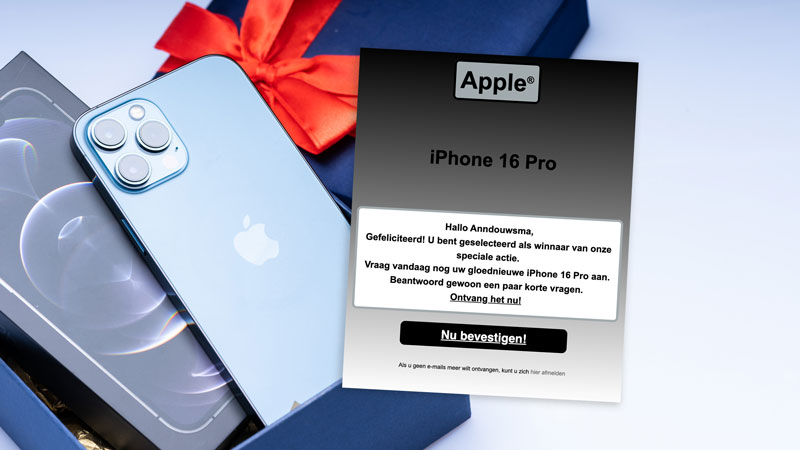 Mail namens Apple: ‘Gefeliciteerd jouw iPhone 16 Pro wacht op jou!’ is phishing