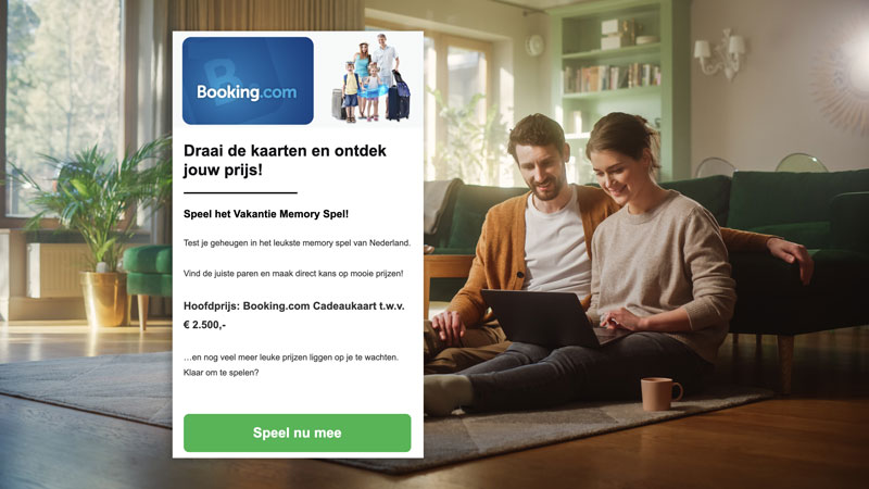 Valse Memory-winactie namens Booking.com: 'Win een cadeaukaart t.w.v. €2500’