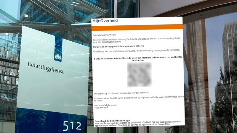 ‘Jij krijgt €561,51 terug van de Belastingdienst’, staat in een nepmail namens MijnOverheid
